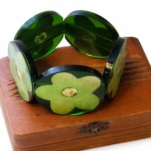 Vintage Boho Chunky Green Gold Foil Flower Stretch Bracelet Wide Statement